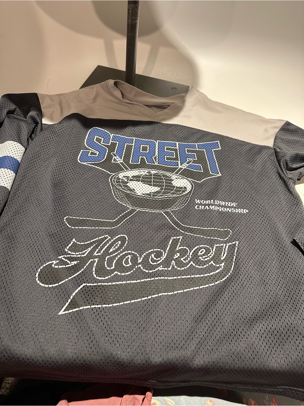 Old Navy Gray and Blue Street Hockey Jersey Top